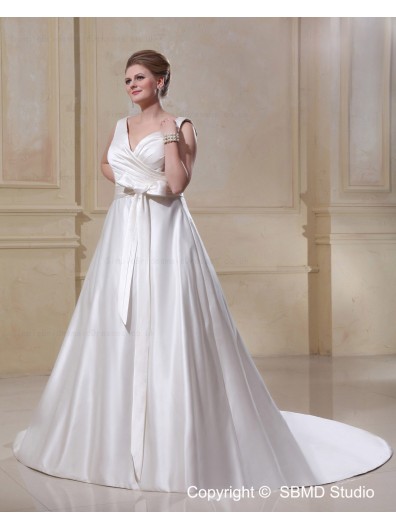 A-line / Plus Ivory Zipper Satin Size Empire V Neck Court Ruffles / Bow Sleeveless Wedding Dress