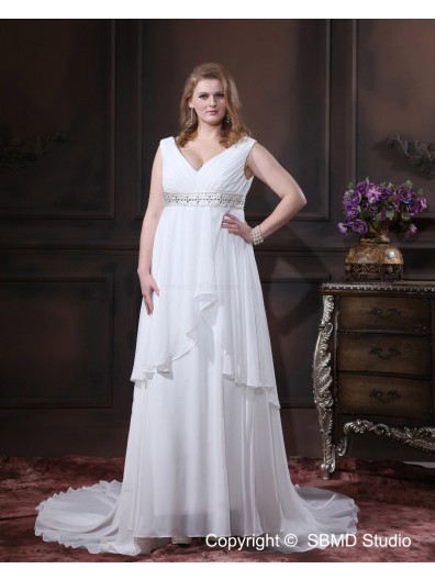 Size Chapel Ivory Chiffon Sleeveless Empire V Neck Lace Up A-line / Plus Beading / Sash Wedding Dress