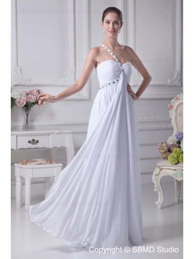Sweetheart / One Shoulder A-line Chiffon Sweep Sleeveless Beading / Ruffles Ivory Zipper Empire Wedding Dress
