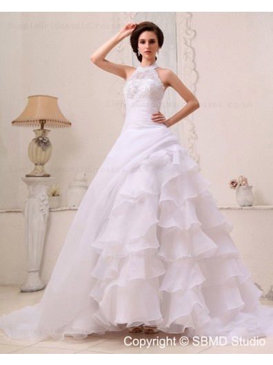 Sleeveless Chapel Organza / Satin A-line Natural Applique / Beading / Cascading-Ruffles Ivory Zipper Halter Wedding Dress