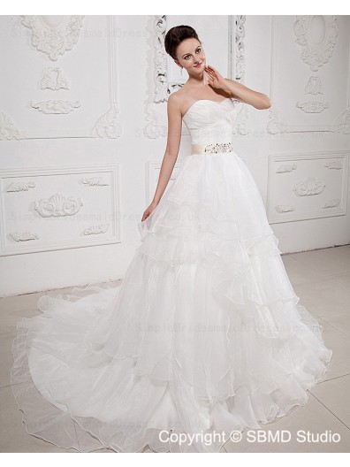 Taffeta / Organza Ivory Ruffles / Beading / Cascading-Ruffles / Sash Sleeveless Zipper A-line Natural Court Sweetheart Wedding Dress