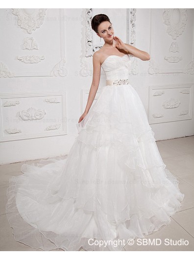 Taffeta / Organza Ivory Ruffles / Beading / Cascading-Ruffles / Sash Sleeveless Zipper A-line Natural Court Sweetheart Wedding Dress