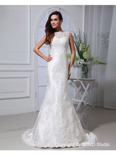 Empire Zipper Lace / Applique / Beading Sleeveless Ivory Chapel A-line Satin / Lace Jewel Wedding Dress