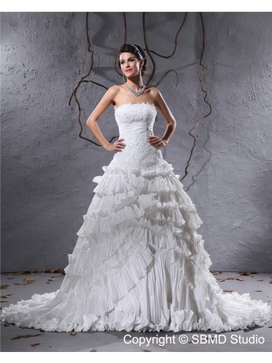 Ruffles / Applique / Beading Empire Satin / Taffeta A-line Court Zipper Sleeveless Strapless / Bateau Ivory Wedding Dress