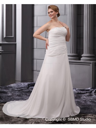 Strapless Sleeveless Ivory Satin / Chiffon Lace Up Embroidery / Ruffles / Beading A-line / Plus Empire Court Size Wedding Dress