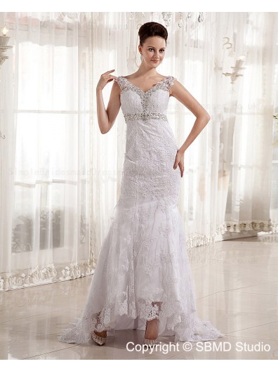 V Neck Ivory Lace / Beading Empire Satin / Lace Zipper Sleeveless Court Column / Sheath Wedding Dress