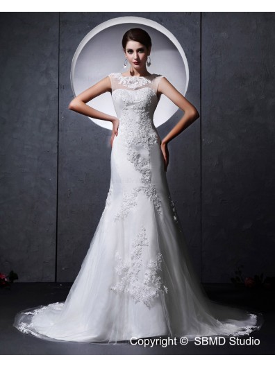 A-line Ivory Beading / Applique / Lace Natural Zipper Satin / Tulle High Neck Chapel Sleeveless Wedding Dress