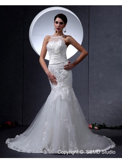A-line High Neck Chapel Lace Zipper Sleeveless Ivory Organza / Satin Empire Wedding Dress