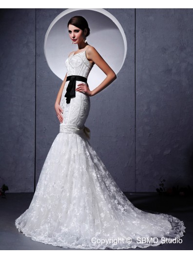 Empire Sash / Lace Sleeveless Ivory Satin / Lace Court Spaghetti Straps Zipper A-line Wedding Dress