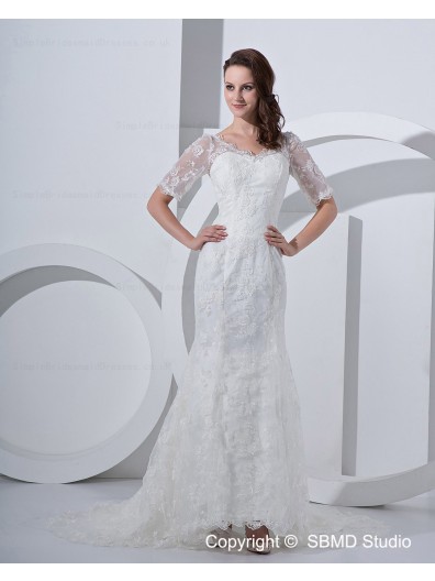 Embroidery Zipper V Neck Natural Satin / Lace Ivory Court Sleeve Short A-line Wedding Dress