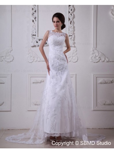 A-line Empire Lace Zipper Scoop Satin / Lace Sweep Sleeveless Ivory Wedding Dress