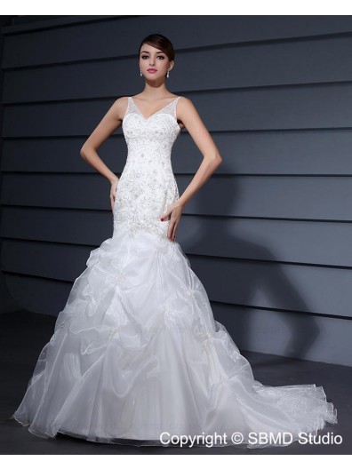 Ruffles / Embroidery / Beading Natural Sleeveless Organza / Satin V Neck Ivory Lace Up Court A-line Wedding Dress