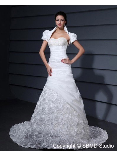 Ivory Natural Beading / Hand Made Flower A-line Sleeveless Taffeta Zipper Sweetheart Chapel Wedding Dress