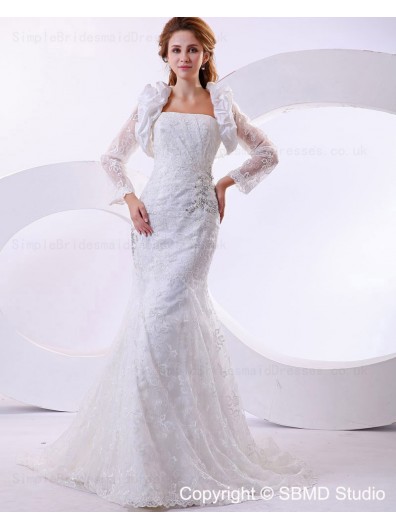 Empire Long Ivory Satin / Lace Strapless Beading / Embroidery Court Sleeve Zipper A-line Wedding Dress