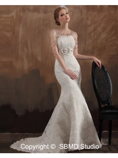 Sleeveless Zipper Beading / Hand Made Flower / Appliques / Lace Empire Sweetheart Ivory A-line Court Satin Wedding Dress