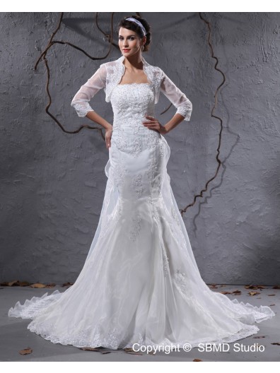 A-line Empire Court Zipper Strapless Applique / Beading Ivory Sleeve Satin / Organza Long Wedding Dress