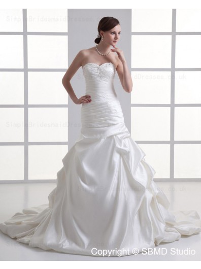 Satin Ivory A-line Sleeveless Sweetheart Court Lace Up Ruffles / Beading Natural Wedding Dress