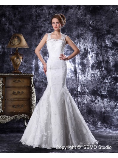 Court Natural Ivory Lace / Satin Sweetheart Sleeveless Beading / Embroidery Mermaid Zipper Wedding Dress