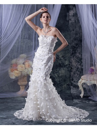 Mermaid Dropped Lace Beading / Hand Made Flower Zipper Sweetheart Ivory Sleeveless Cathedral Wedding Dress