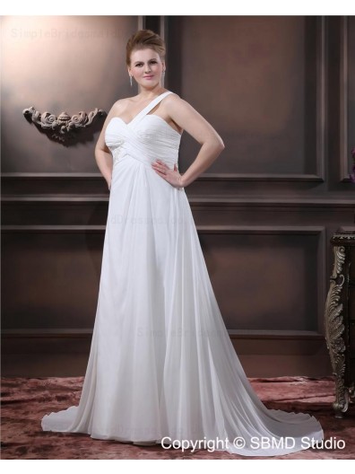 Empire Beading / Ruffles Lace Up Size Chiffon One Shoulder Sleeveless Ivory A-line / Plus Floor-length Wedding Dress