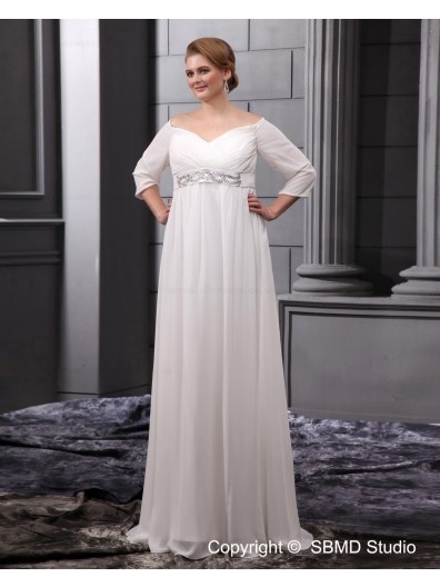 Long Chiffon Sleeve Zipper Column / Sheath / Plus Floor-length V Neck Size Empire Ivory Beadings / Sash Wedding Dress