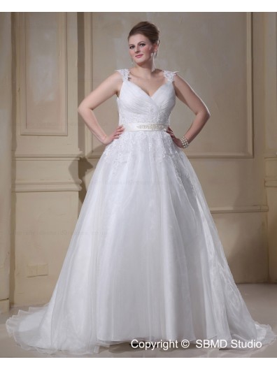 Ivory Court Empire Size V Neck Lace Up Sleeveless Organza Applique / Beading / sash A-line / Plus Wedding Dress