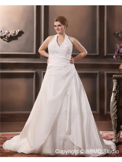 Satin Size A-line / Plus Sleeveless Applique Zipper Empire Ivory Halter Court Wedding Dress