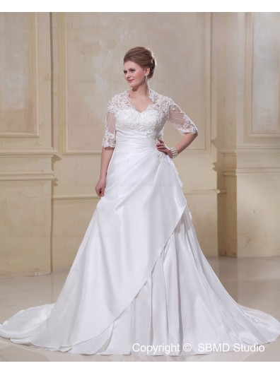 Size Court Taffeta / Lace Empire Lace Up Applique / Beading Ivory A-line / Plus Sleeve V Neck Long Wedding Dress