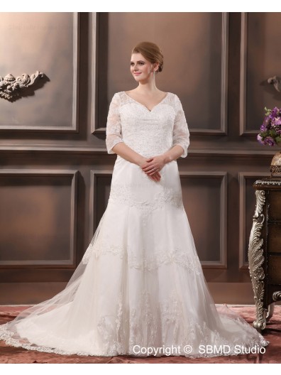 V Neck Lace Court Applique / Beading Dropped Sleeve Long Ivory Zipper A-line / Plus Size Wedding Dress