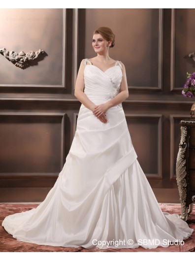 Satin Ivory Lace Up Spaghetti Straps Court Sleeveless Ruffles / Beading Size Empire A-line / Plus Wedding Dress
