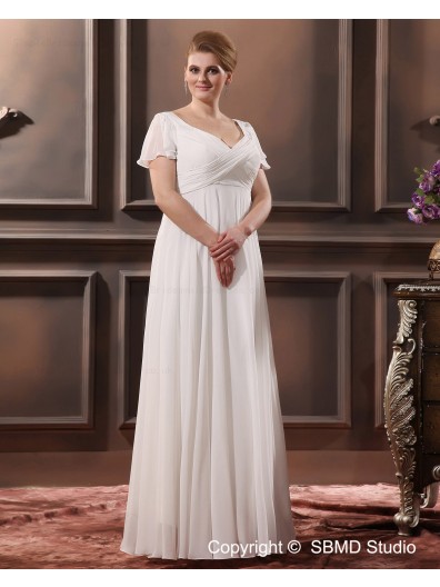 Zipper Satin / Chiffon Ruffles Sweep V Neck Column / Sheath / Plus Ivory Short Sleeve Size Empire Wedding Dress