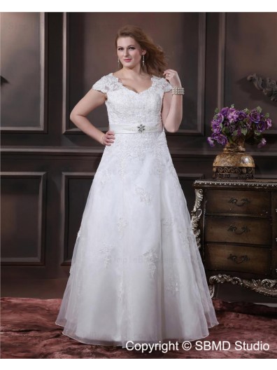 Organza Floor-length Size V Neck Cap Sleeve Empire A-line / Plus Zipper Ivory Beading / Applique / Sash Wedding Dress