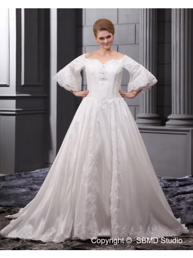 Sleeve A-line / Plus Ivory Long Zipper Beading / Applique Satin / Organza Sweetheart Natural Size Court Wedding Dress