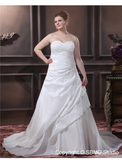 Lace Up Empire Sweep Embroidery / Beading Ivory A-line / Plus Size Taffeta Strapless Sleeveless Wedding Dress