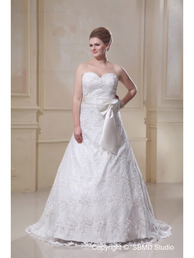 Floor-length A-line / Plus Bowknot / Applique / Sash Zipper Ivory Size Satin / Lace Empire Sleeveless Sweetheart Wedding Dress