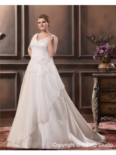 Dropped Satin / Lace Sleeveless Zipper Bowknot / Applique / Sash Size Floor-length A-line / Plus Sweetheart Ivory Wedding Dress