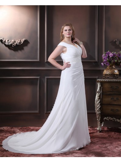 Sleeveless Chiffon Size Zipper V Neck Beading / Embroidery / Sash Empire Ivory A-line / Plus Chapel Wedding Dress