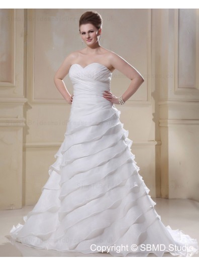 Sleeveless Ivory Size Sweep Dropped Ruffles Chiffon A-line / Plus Sweetheart Lace Up Wedding Dress