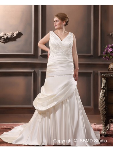 Satin A-line / Plus Ivory V Neck Lace Up Sleeveless Size Beading / Applique / Ruffles Chapel Dropped Wedding Dress