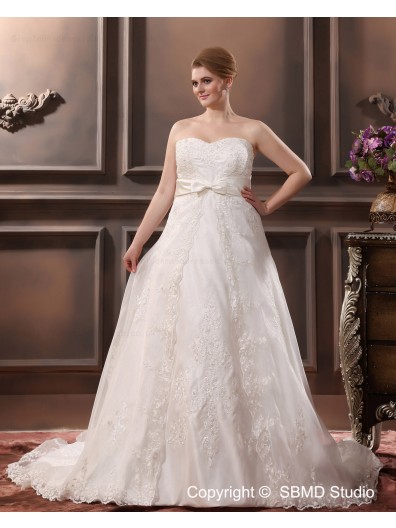 Empire Satin Bow / Sash / Lace Sweetheart Sleeveless Chapel Lace Up A-line / Plus Ivory Size Wedding Dress