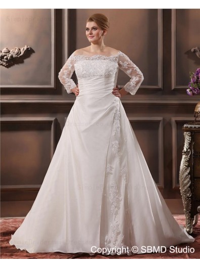 Taffeta Champagne A-line / Plus Cathedral Size Empire Zipper Applique / Ruffles / Lace Off-the-shoulder Long Sleeve Wedding Dress