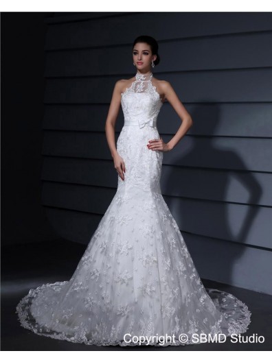 Zipper Satin Dropped Court Mermaid Ivory High Neck Sleeveless Applique / Lace / Sash Wedding Dress