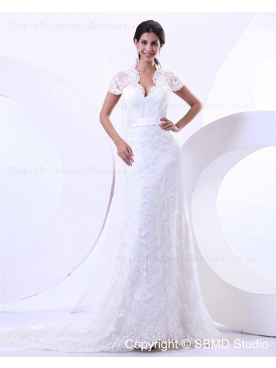 Zipper V Neck Dropped Short Lace Court Sleeve A-line Beading / Sash / Lace Ivory Wedding Dress