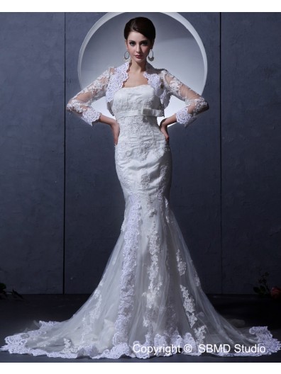 Strapless Lace Ivory Mermaid Beading / Applique / Sash Sleeve Court Zipper Long Empire Wedding Dress