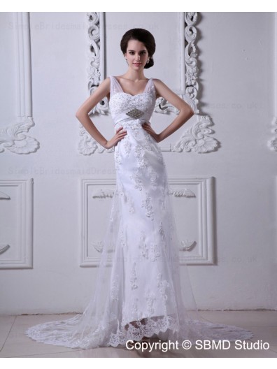 Sleeveless Lace Up Empire V Neck Applique / Beading / sash Column / Sheath White Court Satin / Tulle Wedding Dress