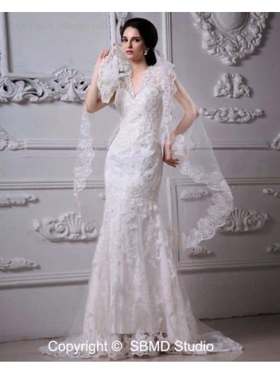 Satin Ivory Sweep Mermaid Zipper V Neck Dropped Sleeveless Applique / Lace Wedding Dress