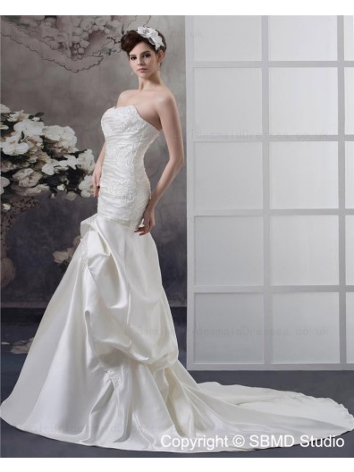 Strapless Satin Mermaid Empire Court Lace Up Applique / Beading / Ruffles Ivory Sleeveless Wedding Dress