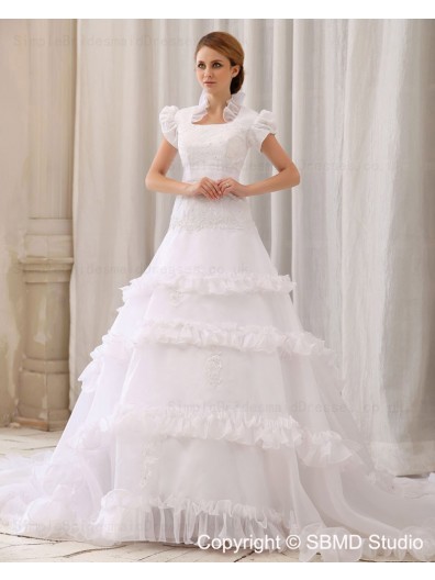 Sleeve A-Line / Ball Gown Zipper Square Court Ivory Satin / Organza / Lace Empire Short Ruffles / Applique / Beading Wedding Dress