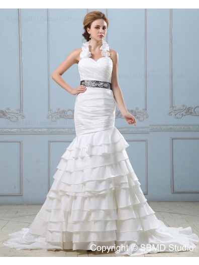 Taffeta Empire Zipper Tiered / Sash / Beading Sleeveless Mermaid Sweetheart Ivory Court Wedding Dress