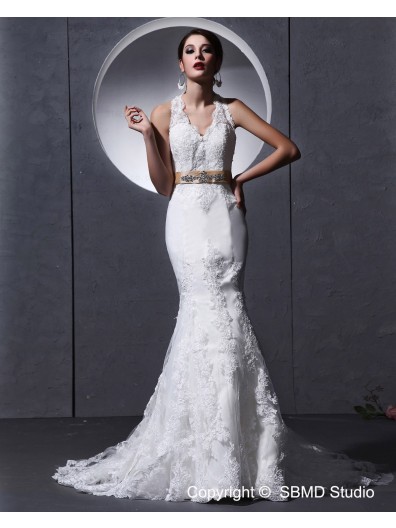 Applique / Lace / Sash / Beading Ivory Cathedral Sleeveless Halter Satin Mermaid Zipper Empire Wedding Dress